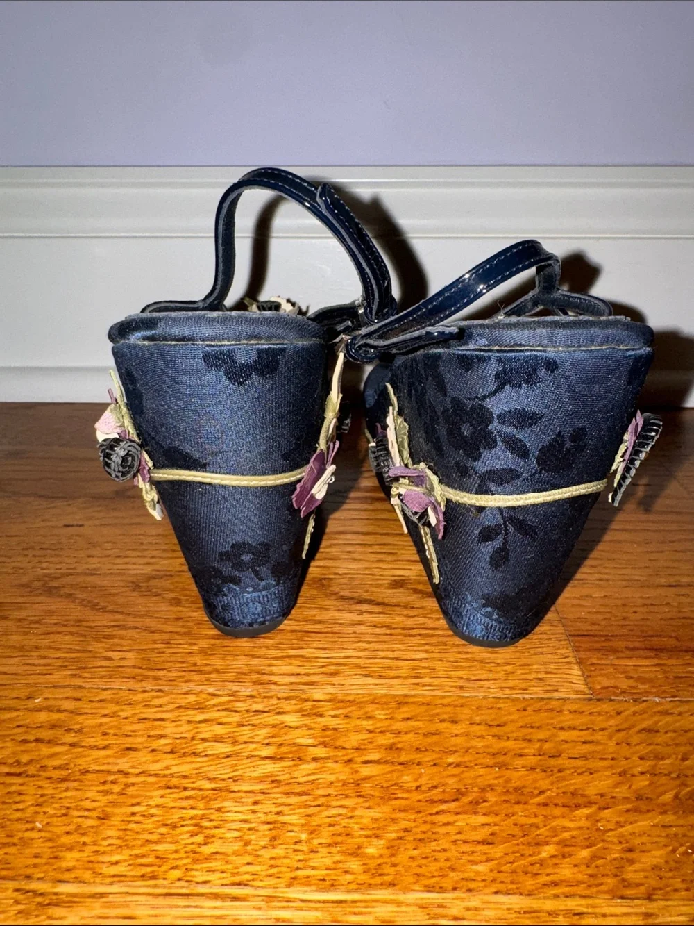 Prada Navy Floral Appliqué Wedge Sandals